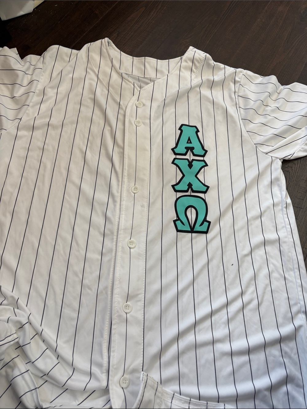 White Pinstripe Baseball Jersey with Teal Greek Letters